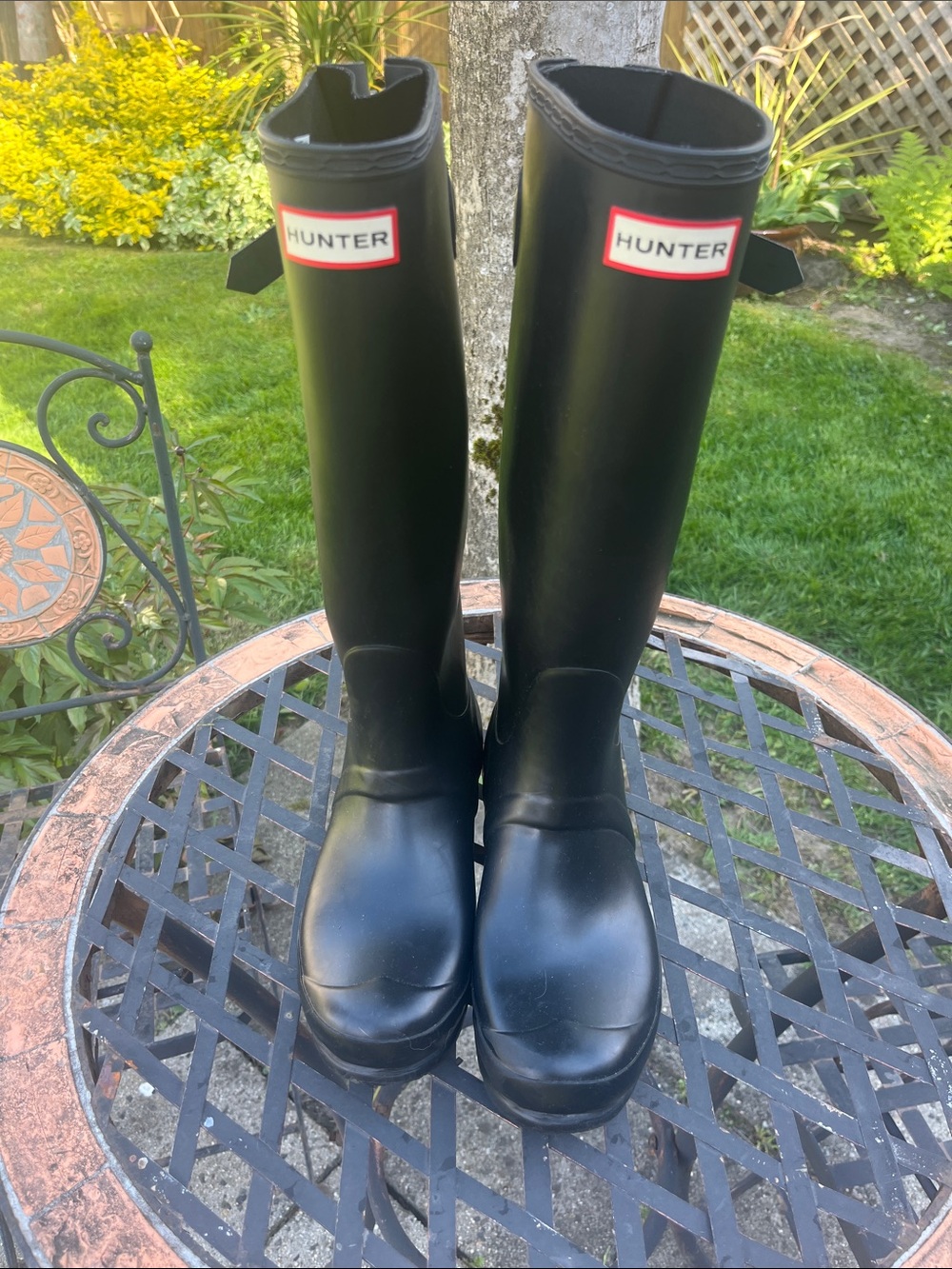 Hunter Black Tall Gloss Rubber Rain Boots with Logo